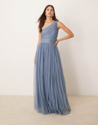 Bridesmaid one shoulder tulle maxi dress in deep blue