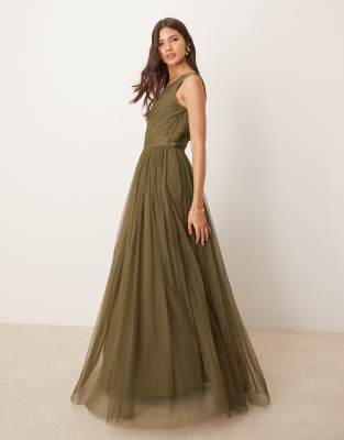 Bridesmaid one shoulder tulle maxi dress in deep olive-Green