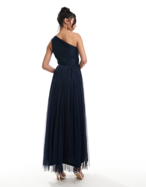 Lace & Beads Bridesmaid one-shoulder tulle maxi dress in navy, 3 of 4