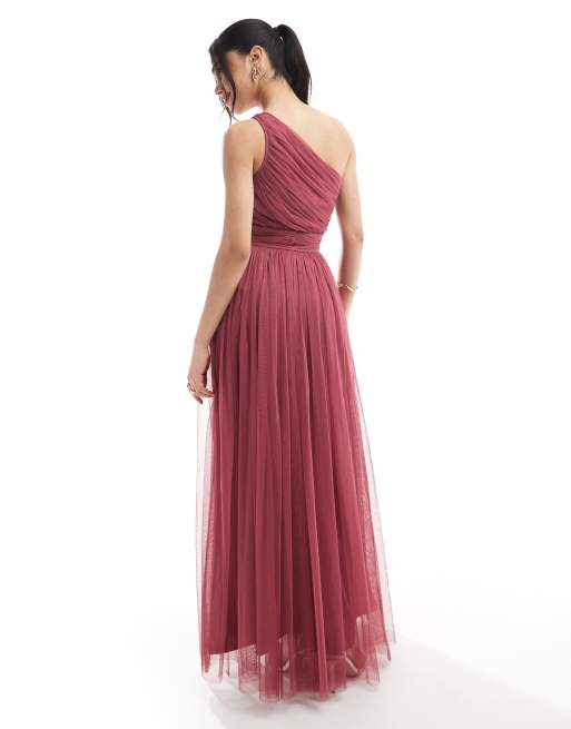 Lace & Beads Bridesmaid one shoulder tulle maxi dress in orchid, 2 of 4