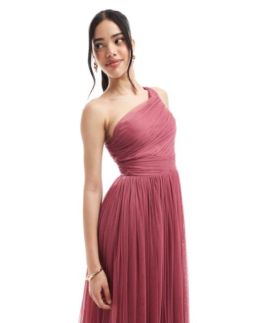 Lace & Beads Bridesmaid one shoulder tulle maxi dress in orchid, 4 of 4