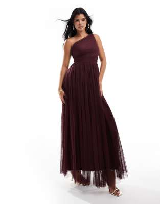 Bridesmaid one shoulder tulle maxi dress in plum-Purple