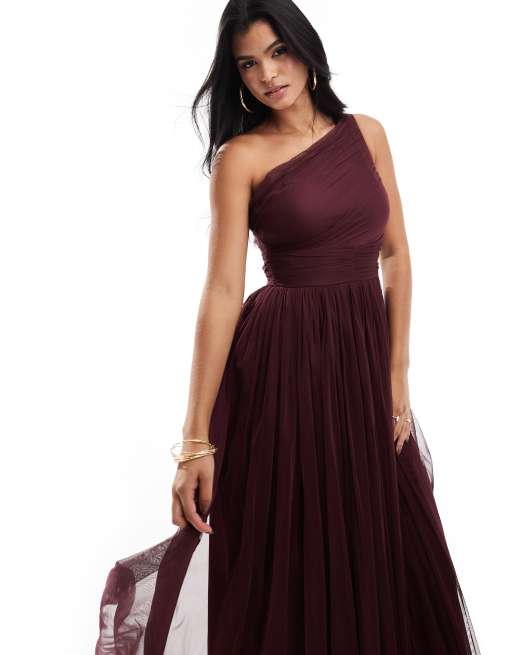 Lace Beads Bridesmaid one shoulder tulle maxi dress in plum ASOS