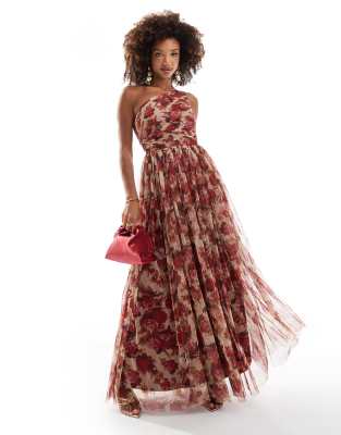 Bridesmaid one shoulder tulle maxi dress in rose floral-Multi