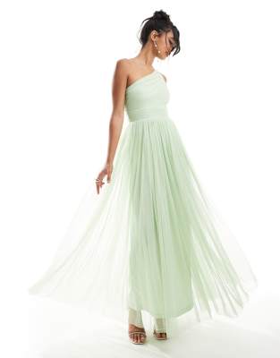 Bridesmaid one-shoulder tulle maxi dress in sage-Green