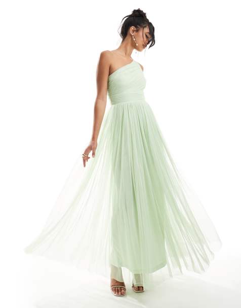Lace & Beads Bridesmaid one shoulder tulle maxi dress in sage - view 1