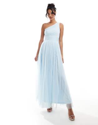 Bridesmaid one-shoulder tulle maxi dress in sky blue