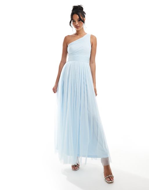 bridesmaid sky blue dresses Zapaka Women Sheath Dress With Slit Elegant Pleated Satin Long Evening Dress, Sky Blue / US16 Crafted from satin fabric Lace & Beads Bridesmaid one-shoulder