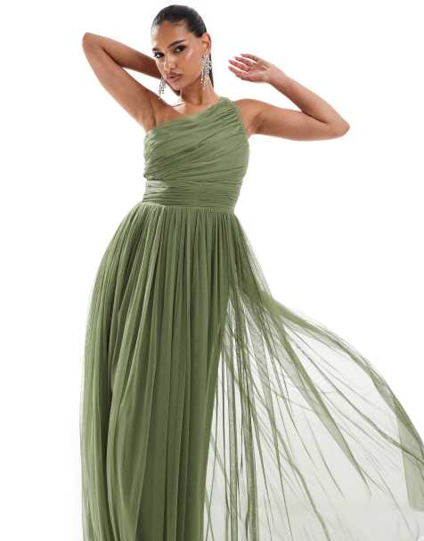 Lace & Beads Bridesmaid one shoulder tulle maxi dress in soft olive - view 1