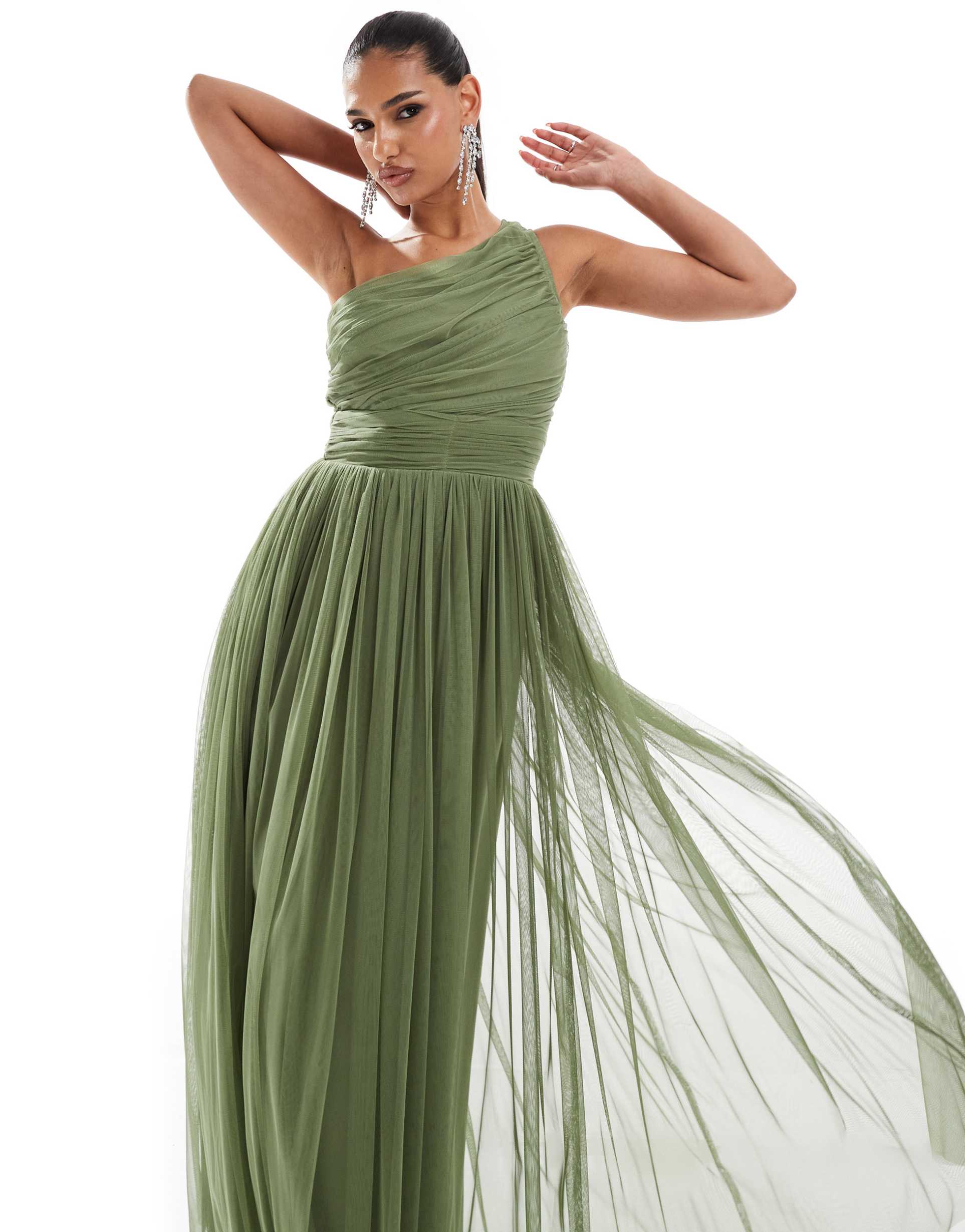 lace & beads bridesmaid one shoulder tulle maxi dress in soft olive