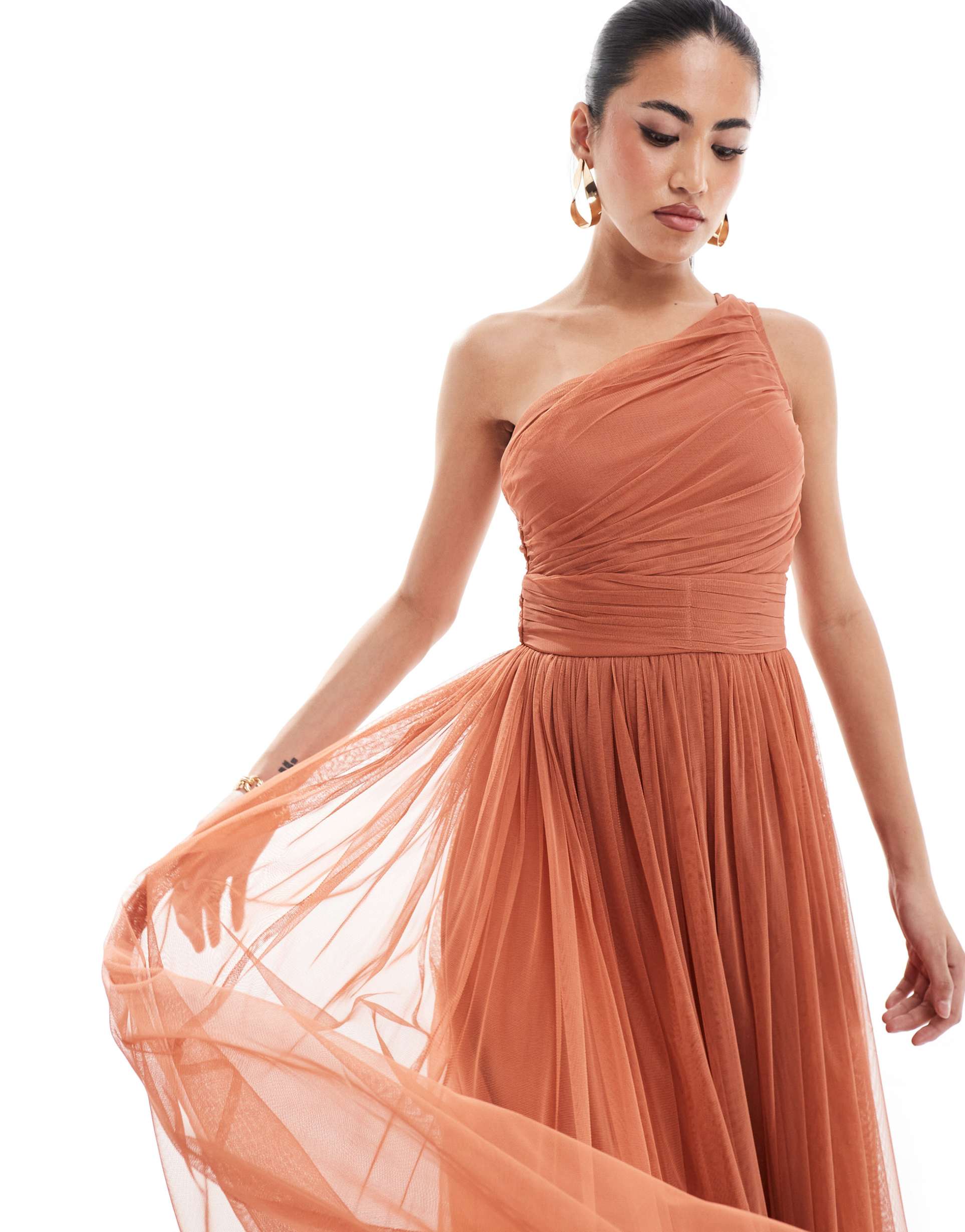 lace & beads bridesmaid one shoulder tulle maxi dress in terracotta rose