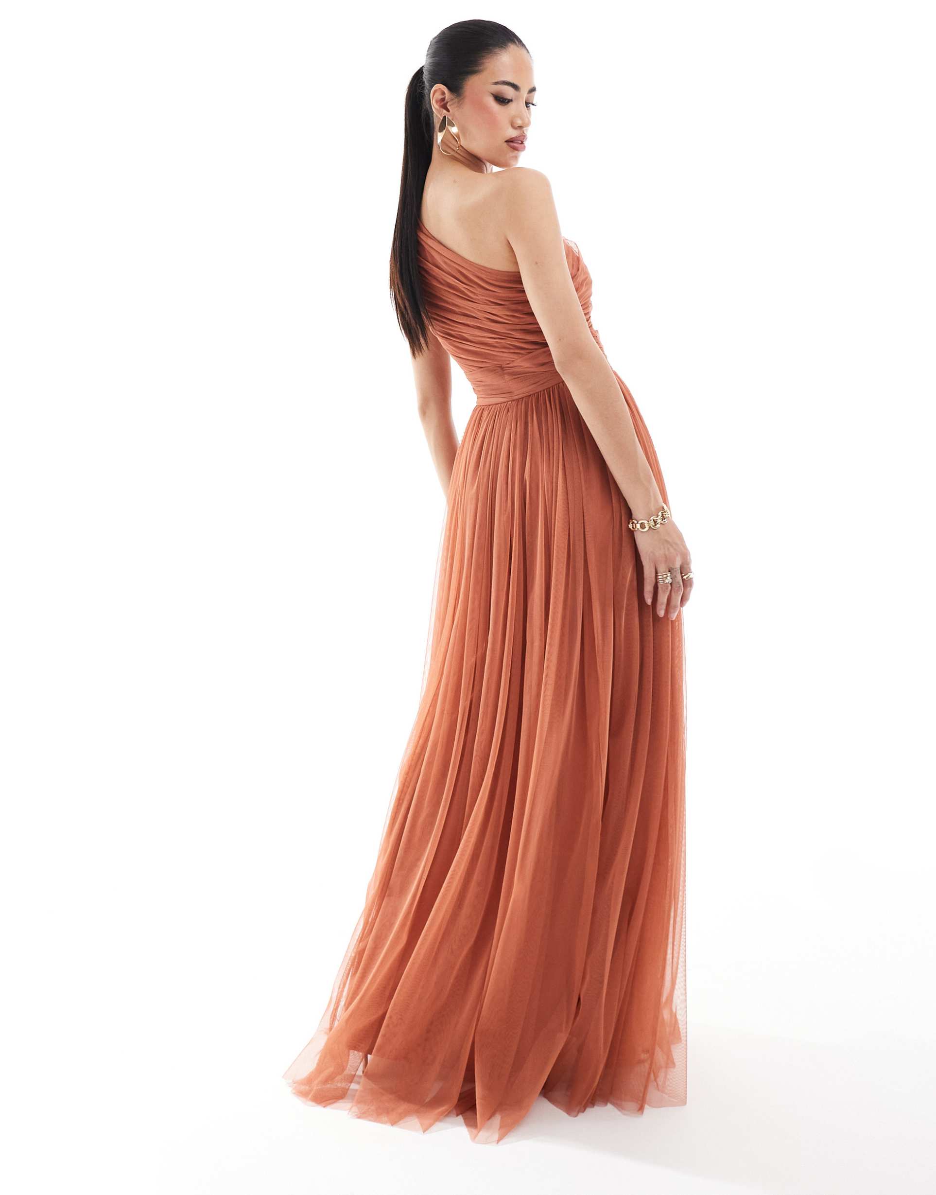lace & beads bridesmaid one shoulder tulle maxi dress in terracotta rose