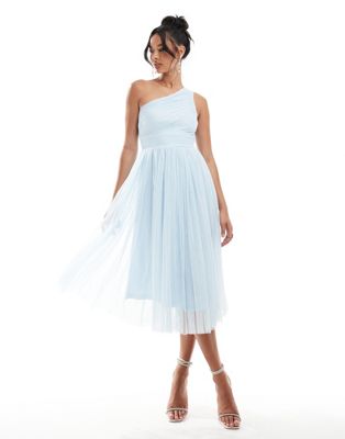 Lace & Beads Bridesmaid one shoulder tulle midi dress in