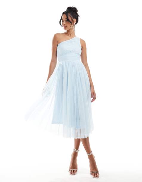 Lace & Beads Bridesmaid one shoulder tulle midi dress in sky blue - view 1