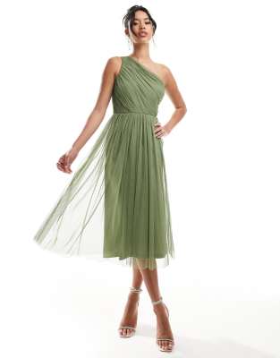 Bridesmaid one-shoulder tulle midi dress in soft olive-Green