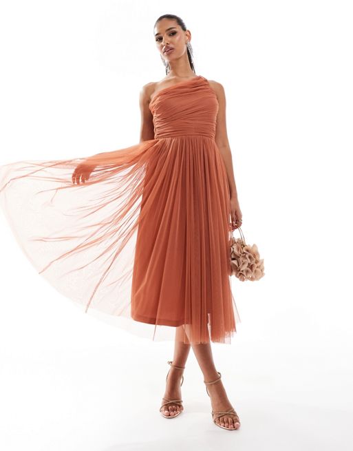 Lace & Beads Bridesmaid one shoulder tulle midi dress in terracotta rose