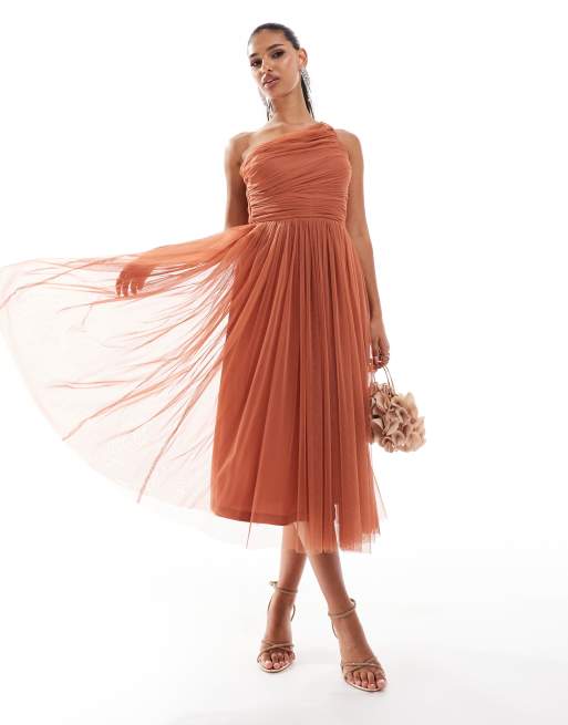 Lace Beads Bridesmaid one shoulder tulle midi dress in terracotta rose ASOS