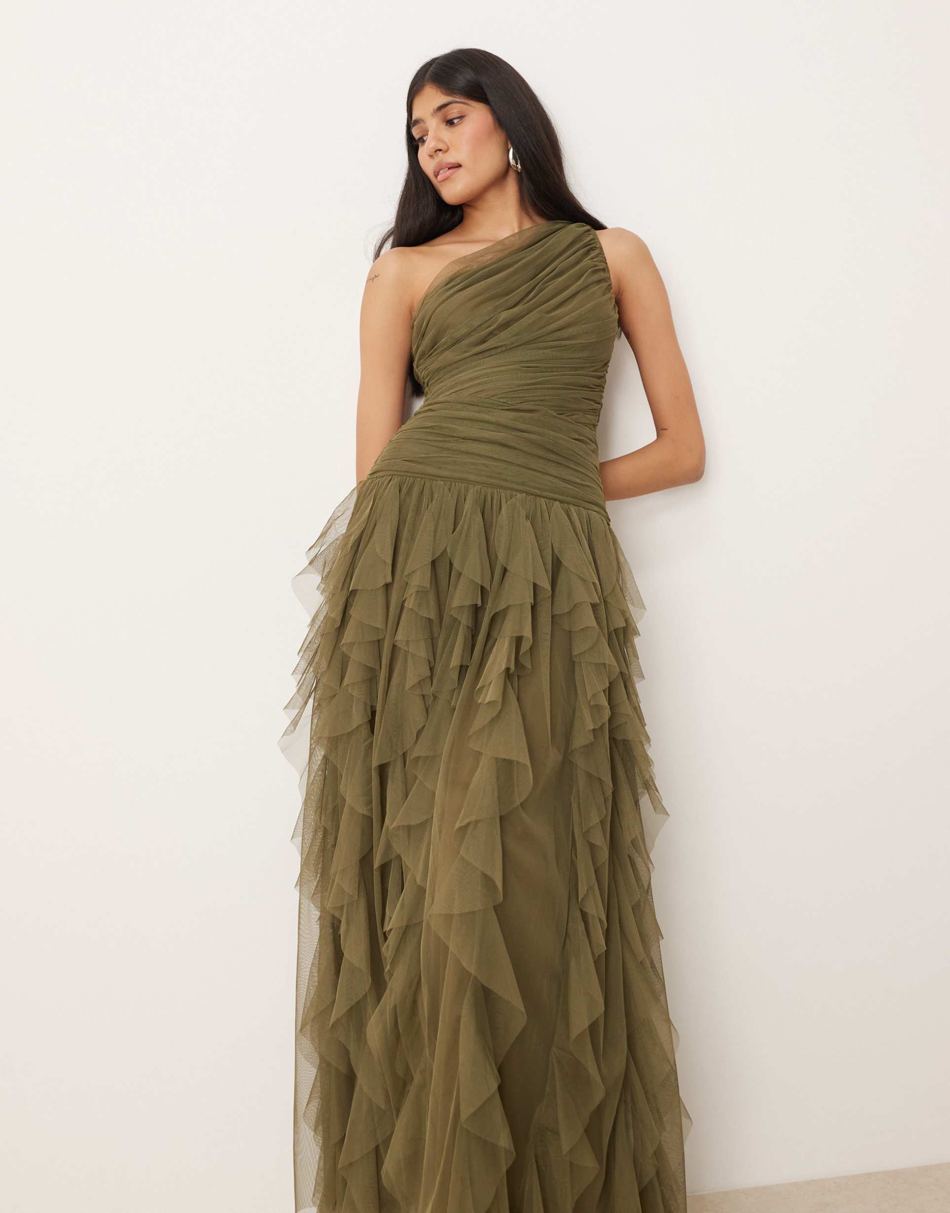 lace & beads bridesmaid one shoulder waterfall ruffle maxi dress in deep olive