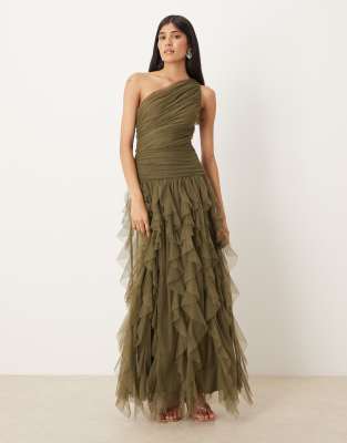 Lace & Beads Bridesmaid One Shoulder Waterfall Ruffle Maxi Dress In Green