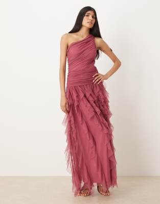 Lace & Beads Bridesmaid One Shoulder Waterfall Ruffle Maxi Dress In Brown