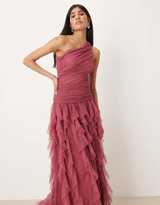 Lace & Beads Bridesmaid one shoulder waterfall ruffle maxi dress in orchid