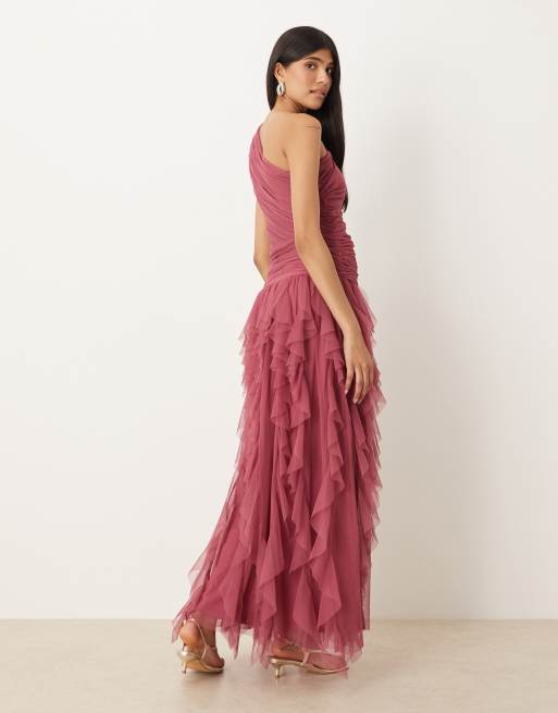 Lace & Beads Bridesmaid one shoulder waterfall ruffle maxi dress in orchid