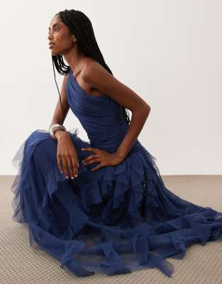 Lace & Beads Bridesmaid One Shoulder Waterfall Ruffle Maxi Dress In Blue