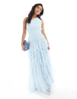 Lace & Beads Bridesmaid One Shoulder Waterfall Ruffle Maxi Dress In Blue