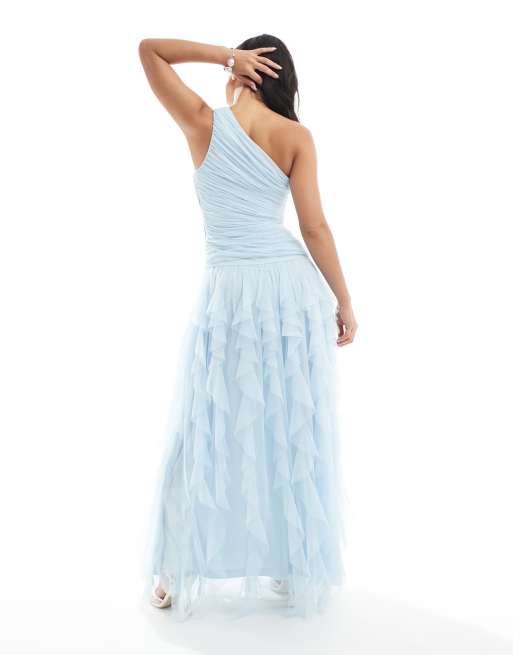 Lace & Beads Bridesmaid one shoulder waterfall ruffle maxi dress in powder blue, 4 of 4