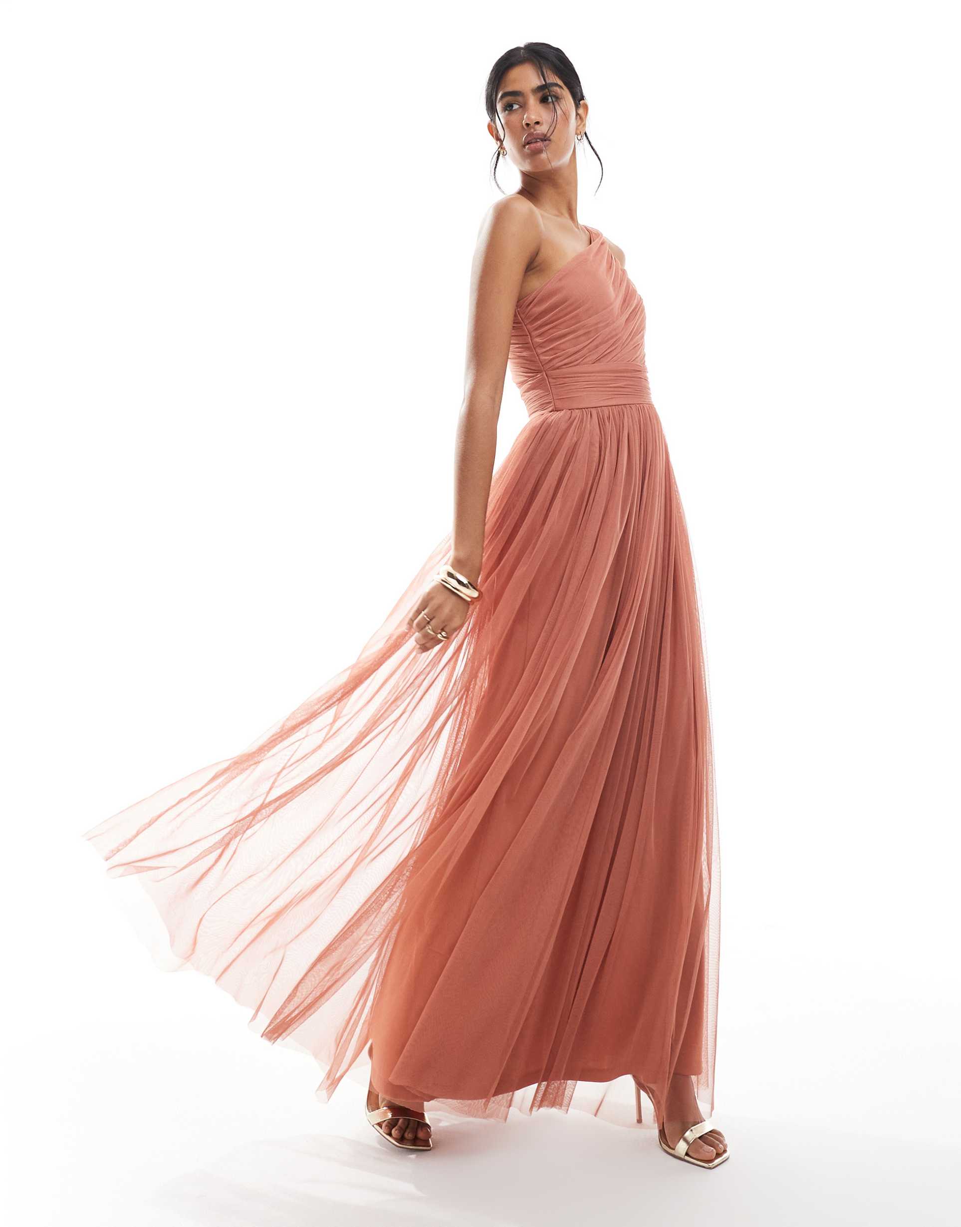 lace & beads bridesmaid one shoulder waterfall ruffle maxi dress in rose brown