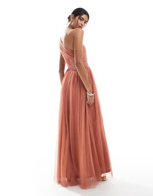 Lace & Beads Bridesmaid One Shoulder Waterfall Ruffle Maxi Dress In Brown