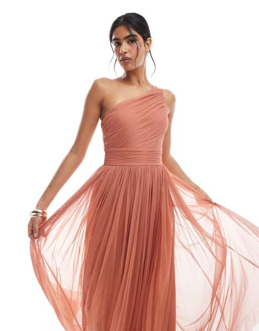 Lace & Beads Bridesmaid one shoulder waterfall ruffle maxi dress in rose brown, 4 of 4