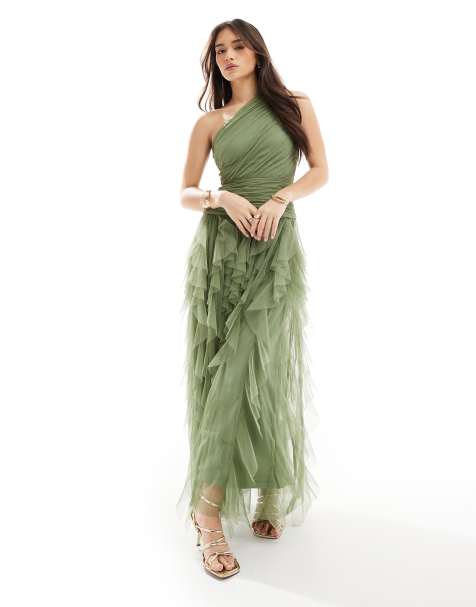 Lace & Beads Bridesmaid one-shoulder waterfall ruffle maxi dress in soft olive - view 1