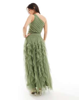 Lace & Beads Bridesmaid One-shoulder Waterfall Ruffle Maxi Dress In Green