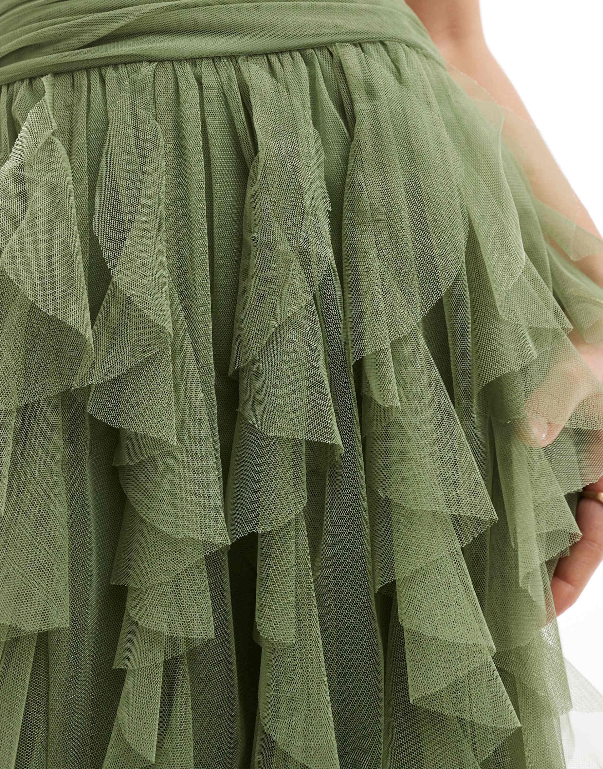 lace & beads bridesmaid one-shoulder waterfall ruffle maxi dress in soft olive