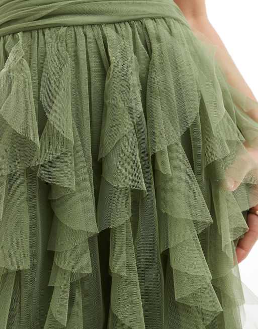 Lace & Beads Bridesmaid one-shoulder waterfall ruffle maxi