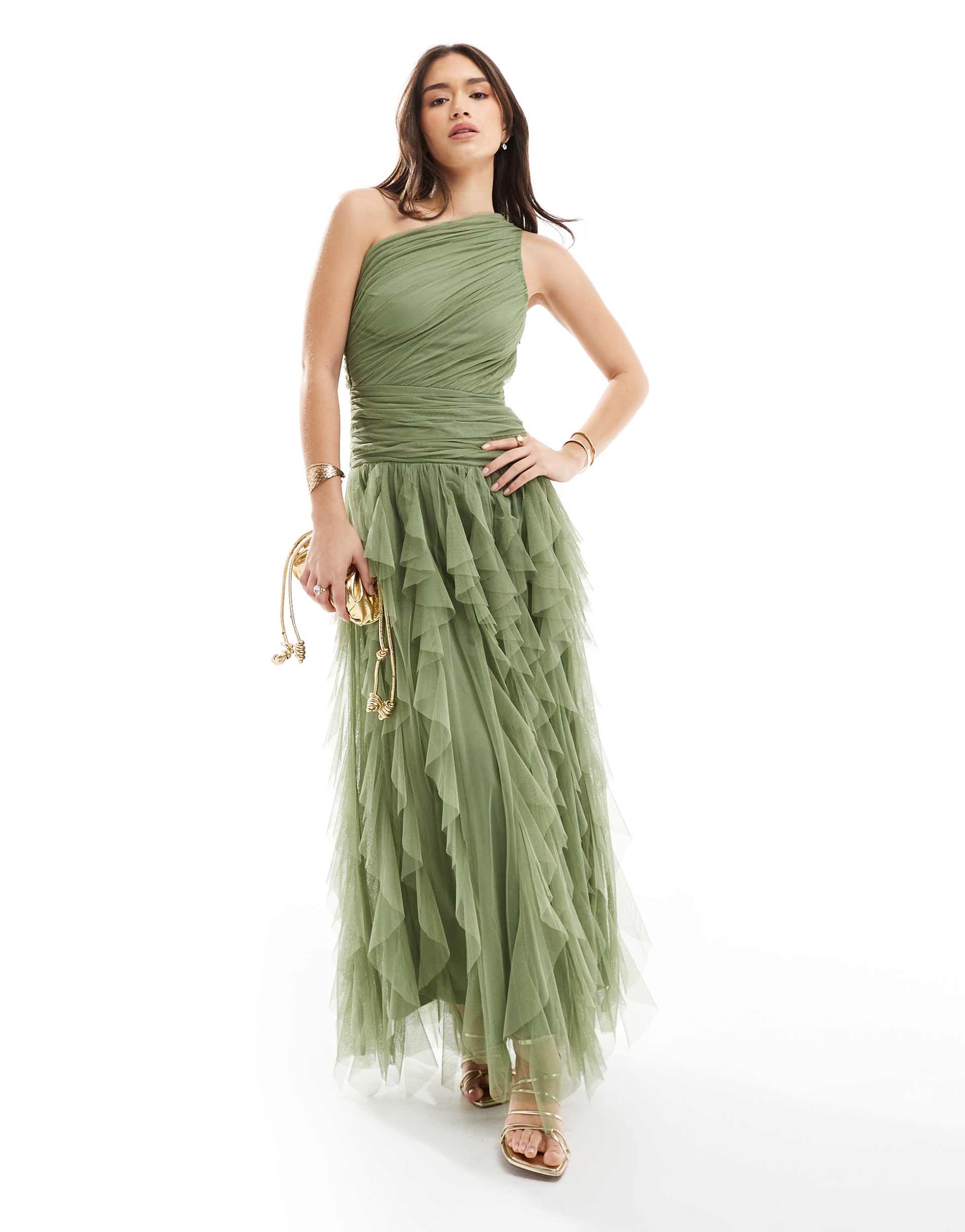lace & beads bridesmaid one-shoulder waterfall ruffle maxi dress in soft olive