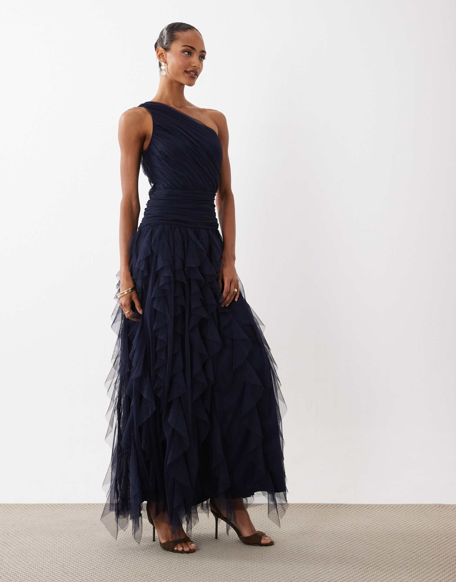 lace & beads bridesmaid one shoulder waterfall ruffled maxi dress in midnight navy