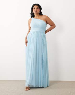 Lace & Beads Plus Bridesmaid Tulle One Shoulder Fitted Waist Maxi Dress In Blue