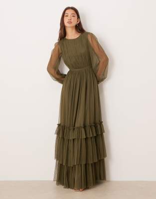 Lace & Beads Bridesmaid Rebecca Crew Neck Sheer Sleeve Tiered Maxi Dress In Green