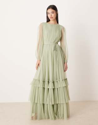 Lace & Beads Bridesmaid Rebecca Crew Neck Sheer Sleeve Tiered Maxi Dress In Green