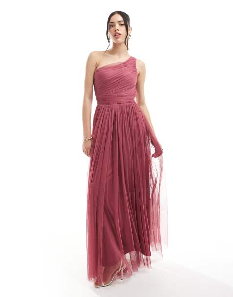 Lace & Beads Bridesmaid one shoulder tulle maxi dress in orchid