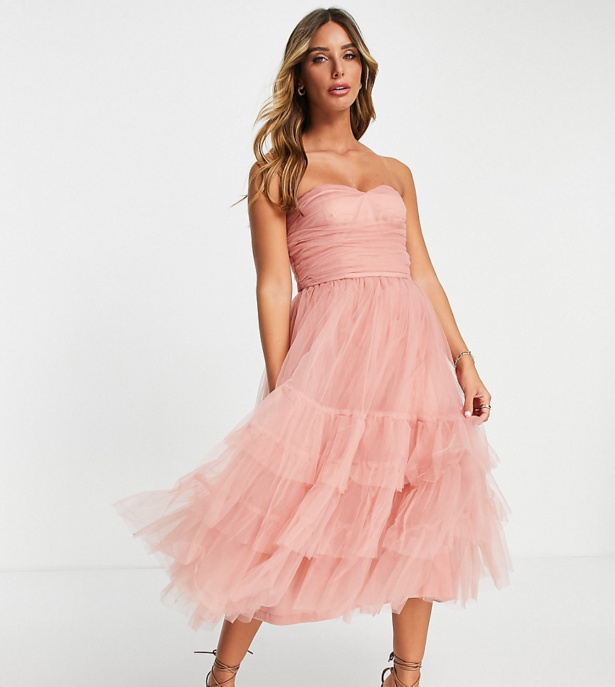 Lace & Beads Bridesmaid ruched tiered midaxi dress in blush-Pink