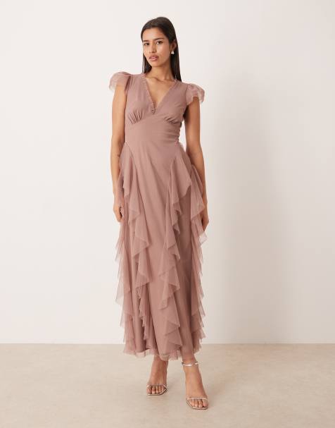 Lace & Beads Bridesmaid  ruffle frill detail v neck maxi dress in taupe