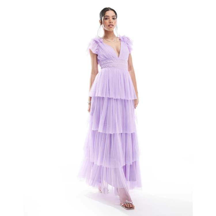 lilac bridesmaid dresses asos Lace & Beads ruffle shoulder tulle maxi dress in lilac dress