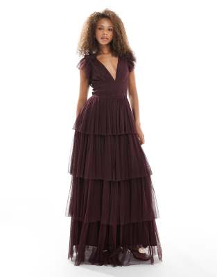 Lace & Beads Bridesmaid ruffle tiered tulle maxi dress in burgundy - view 1