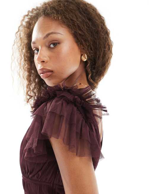 Lace & Beads Bridesmaid ruffle tiered tulle maxi dress in burgundy