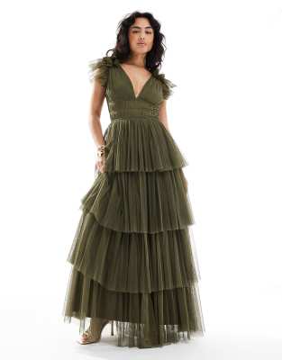 Lace & Beads Bridesmaid ruffle tiered tulle maxi dress in deep olive - view 1