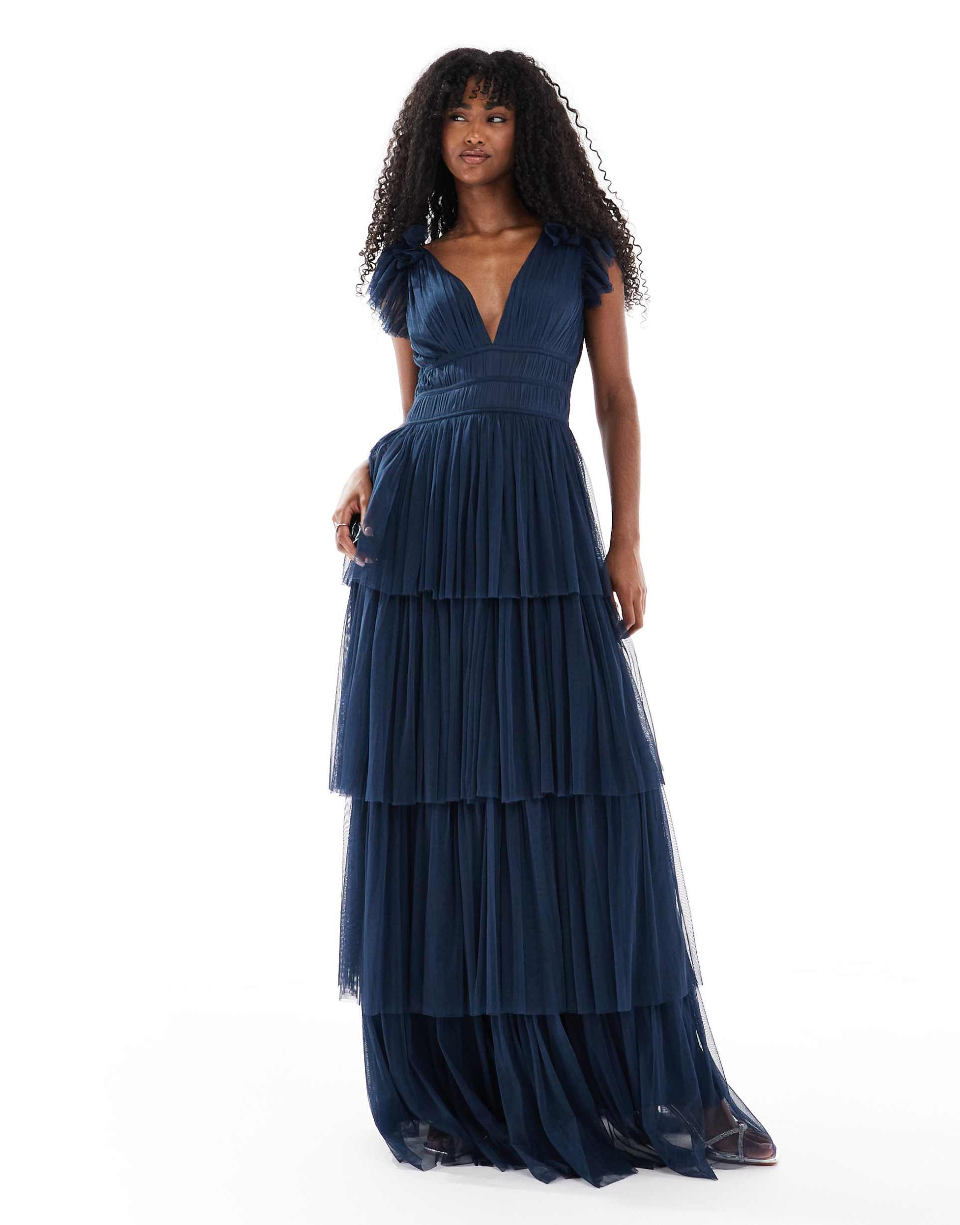 lace & beads bridesmaid ruffle tiered tulle maxi dress in navy