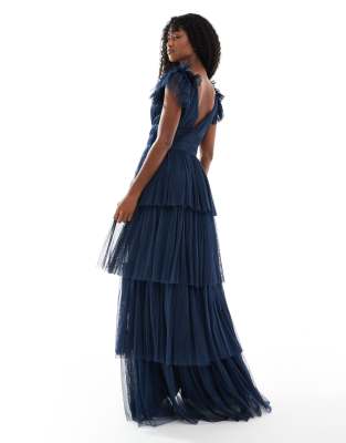 Lace & Beads Bridesmaid Ruffle Tiered Tulle Maxi Dress In Blue